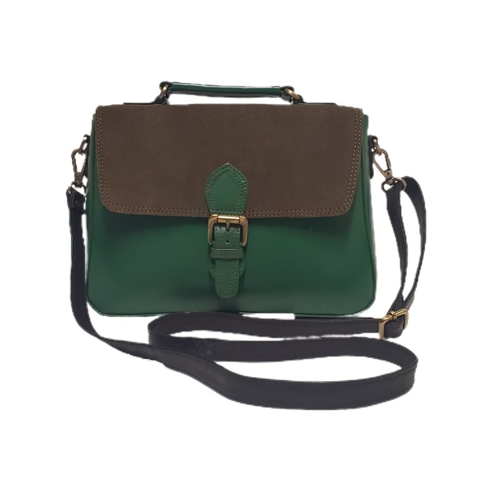 AuGre France Crossbody Bag Green & Black Leather Top Handle 2 Section Satchel